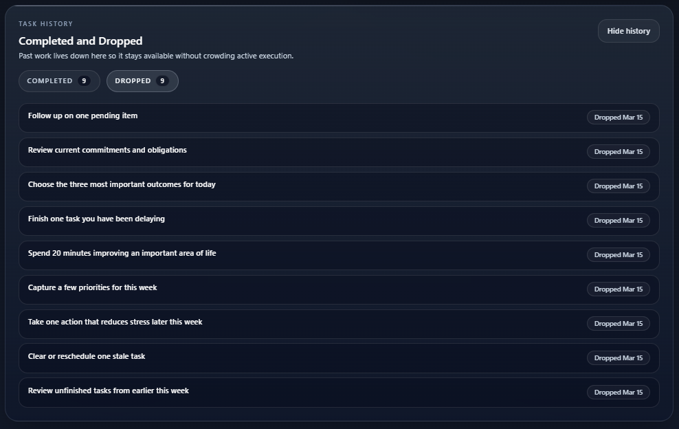 Outcomes OS task history interface